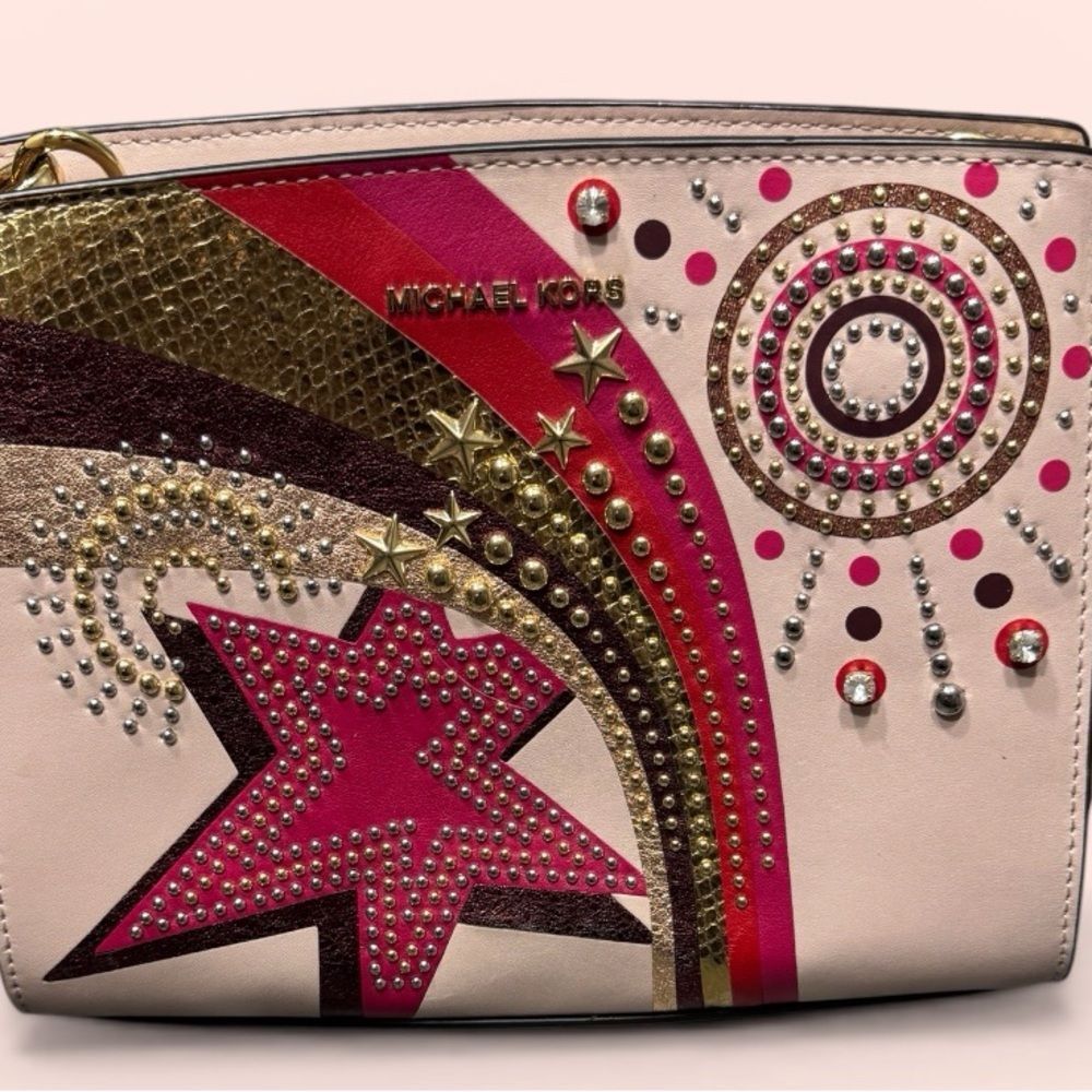 Michael Kors Selma Pink Leather Studded Firework Celestial Crossbody Bag RARE LE - Picture 2 of 11